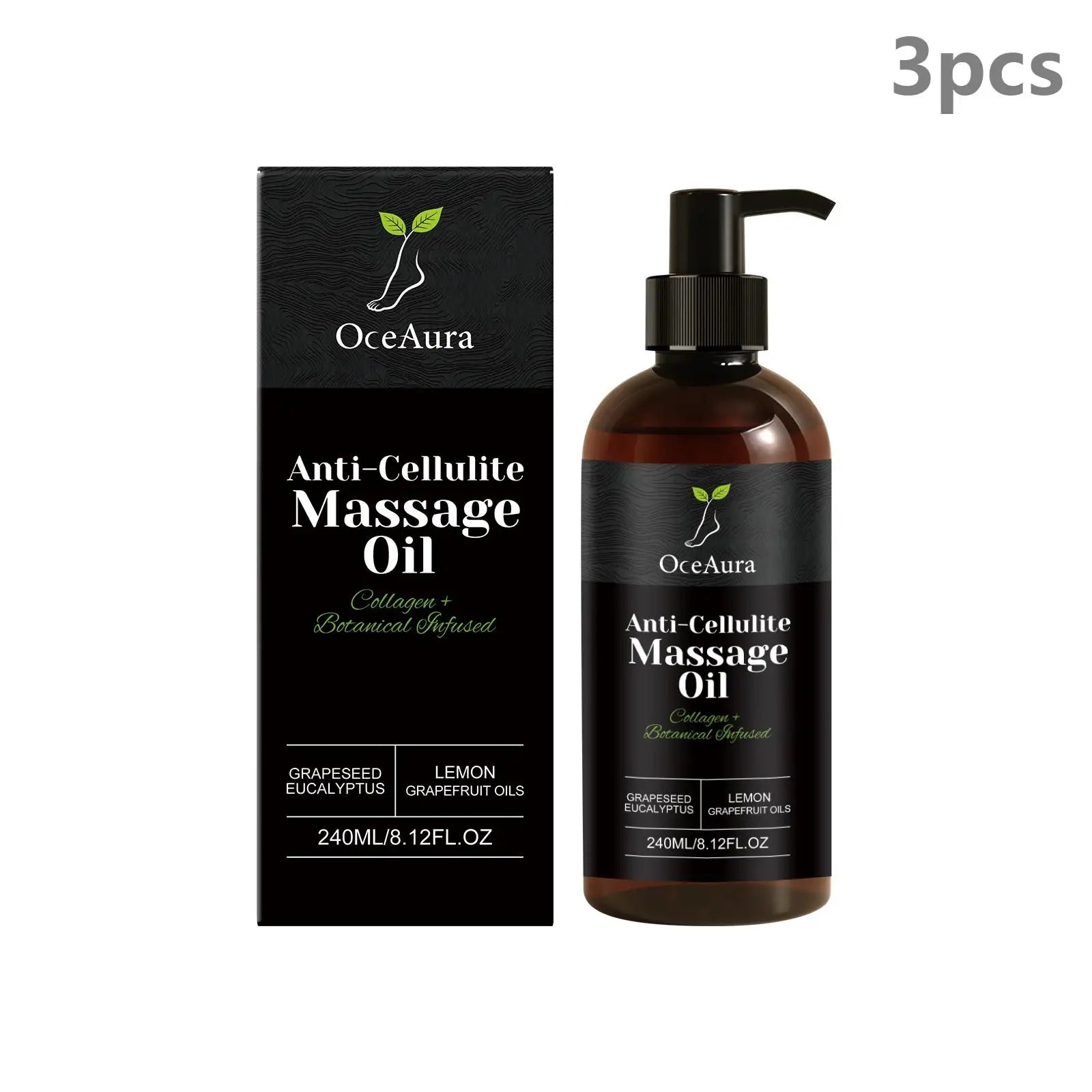 A box and bottle of Anti Cellulite Oil Firm Skin Tightening, with collagen, botanical oils, lemon, grapefruit scents. Improves skin texture, firms and smooths. "3pcs" is shown at the top right corner.