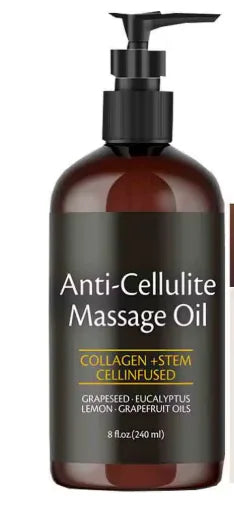 An 8 fl oz (240ml) brown bottle with black pump labeled "Anti Cellulite Massage Oil," infused with collagen, stem cell, and essential oils—grapeseed, eucalyptus, lemon, and grapefruit—for skin tightening and moisturizing.