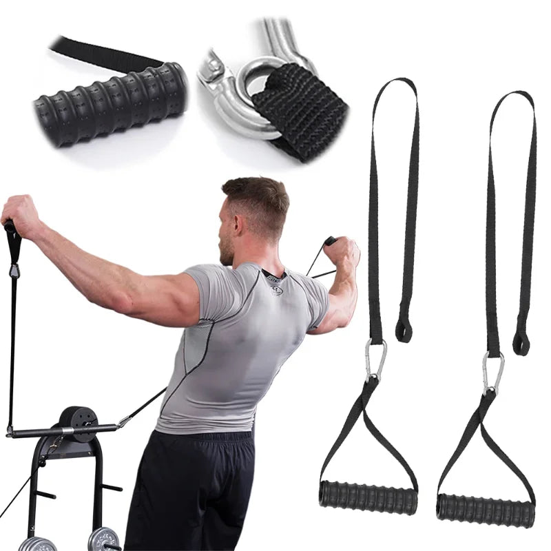 A man trains chest and arms using the Tricep Biceps Back Blaster Rope Lat Pull Down Attachment. Insets highlight the premium nylon handle grip and carabiner. Two extension straps and handles are displayed on the right.