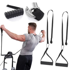 A man trains chest and arms using the Tricep Biceps Back Blaster Rope Lat Pull Down Attachment. Insets highlight the premium nylon handle grip and carabiner. Two extension straps and handles are displayed on the right.