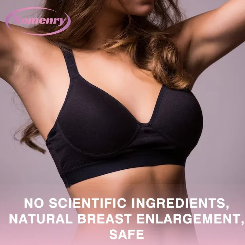 A woman in a black bra is shown from shoulders to waist. Text reads: NO SCIENTIFIC INGREDIENTS, NATURAL BREAST ENLARGEMENT WITH PUERARIA MIRIFICA, SAFE. Kemenry appears at the top left. Product: PUERARIA MIRIFICA - Breast Supplement for bigger, firmer breasts.