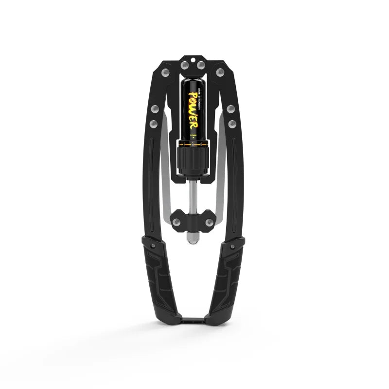An Adjustable Hydraulic Arm Strength Trainer for chest and arm workouts, black with a yellow POWER label on the central spring, viewed from the front against a white background.