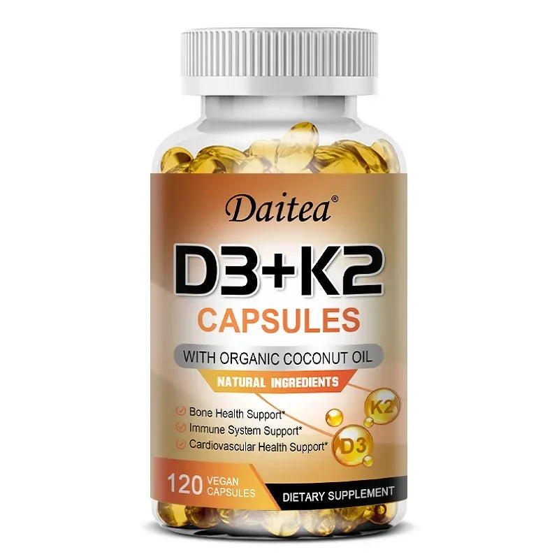 Vitamin D3 K2 Capsule - 5000 IU Vitamin D3 Promotes Strong Bones, Calcium Absorption, Teeth, Heart, Cardiovascular Health