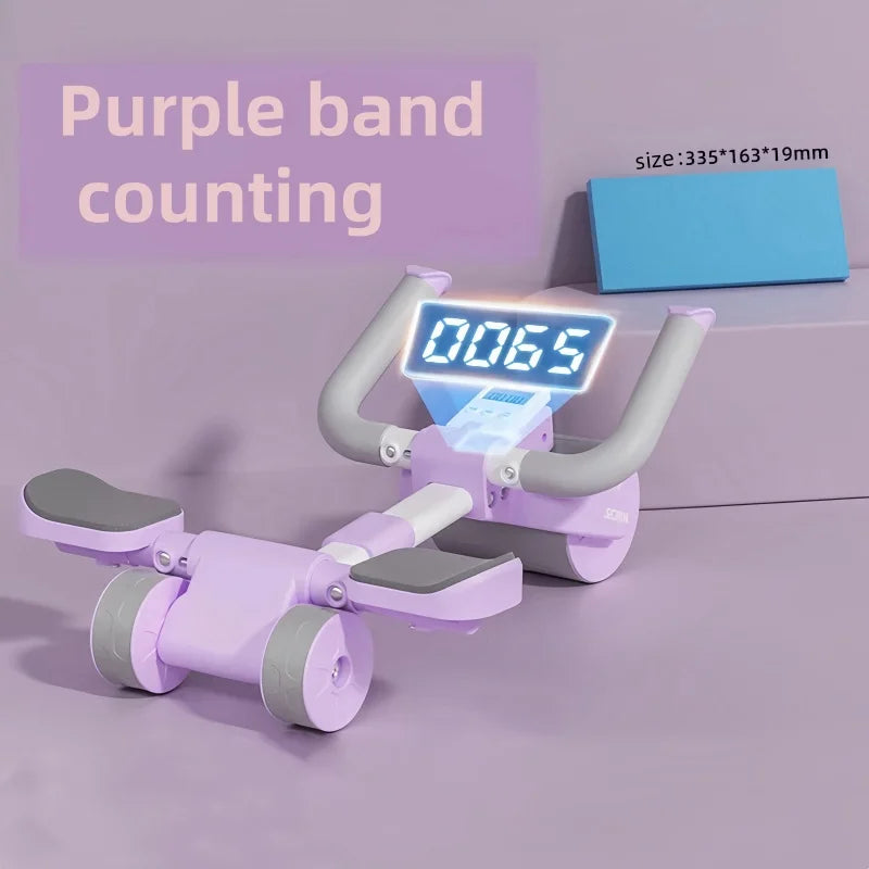 An Adjustable Abs Training Roller Multifunctional Home Plank Support Abdominal Fitness Wheel in purple with pedals, handles, wheels, and digital display is shown on pink. A blue rectangular item and the size 335*163*19mm are visible. Text: Purple band counting.