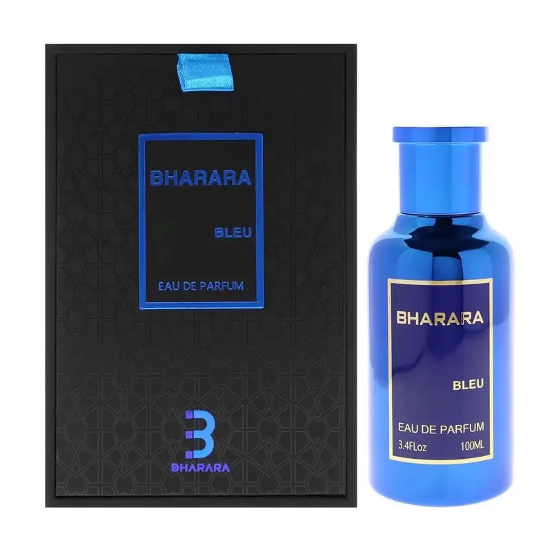 A blue bottle of Bharara Unisex 3.4 Ounce Eau de Parfum - Long-lasting stands beside its black and blue box, both displaying the product name and details in gold and blue text.