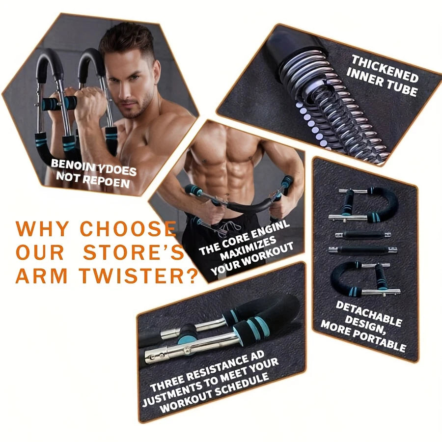 Collage shows a man using the Adjustable Resistance Stainless Steel Chest And Arm Trainer, highlighting its thickened inner tube, detachable design, adjustable resistance, and ergonomic handles for comprehensive upper body fitness and strength training.