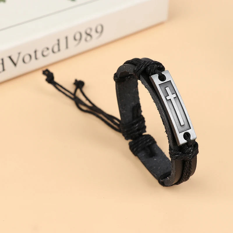Vintage Cross Leather Rope Bracelet