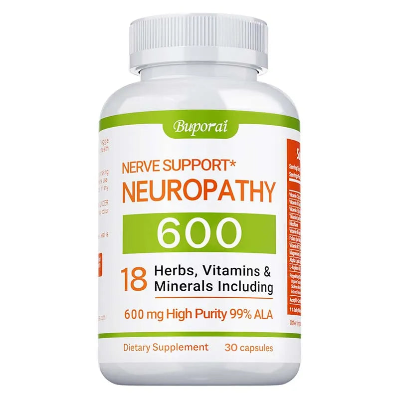 A white bottle labeled Neuropathy Support Supplement 600mg features orange and green text, contains 30 capsules with 18 herbs, vitamins (including Vitamin C), minerals, and 99% pure Alpha Lipoic Acid to support nerves, relieve stress, and boost energy.