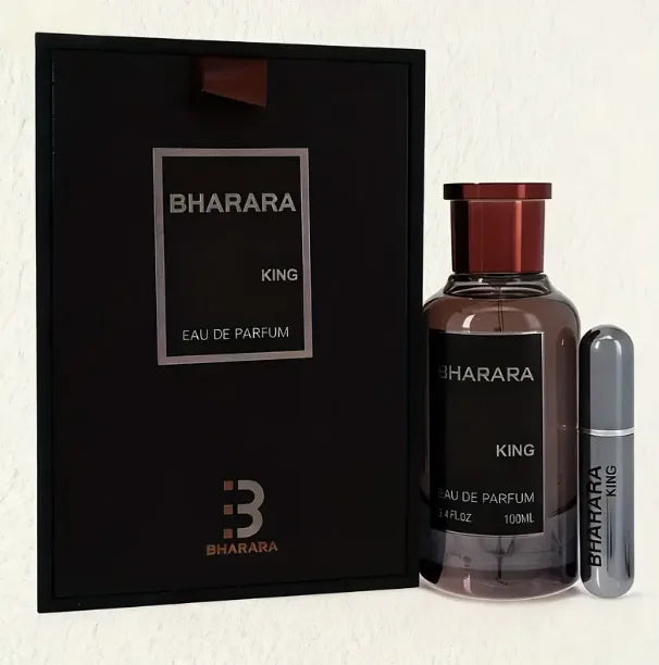 The Bharara King Eau De Parfum 100ml boxed set includes a black box, a 3.4 OZ spray bottle with brown cap, and a small vial—all branded with the fragrance name. This long-lasting men’s cologne is inspired by Mainland China.
