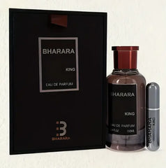 The Bharara King Eau De Parfum 100ml boxed set includes a black box, a 3.4 OZ spray bottle with brown cap, and a small vial—all branded with the fragrance name. This long-lasting men’s cologne is inspired by Mainland China.