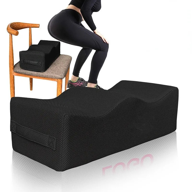 A woman in black athletic wear squats by a BBL Pillow Seat Pad Foam Buttock Cushion. An inset shows the cushion on a wooden chair, highlighting its versatility as a removable, washable pillow ideal for post-hip or Brazilian butt lift surgery.