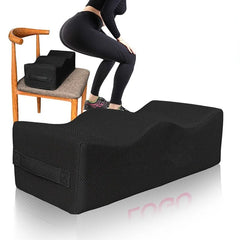 A woman in black athletic wear squats by a BBL Pillow Seat Pad Foam Buttock Cushion. An inset shows the cushion on a wooden chair, highlighting its versatility as a removable, washable pillow ideal for post-hip or Brazilian butt lift surgery.