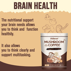 A product image of Mushroom Coffee - Organic Coffee with Lion's Mane, Chaga, Cordyceps, Reishi & Shiitake. Illustrations of mushrooms highlight its unisex powder formula supporting brain health, clear thinking, healthy function & multitasking.