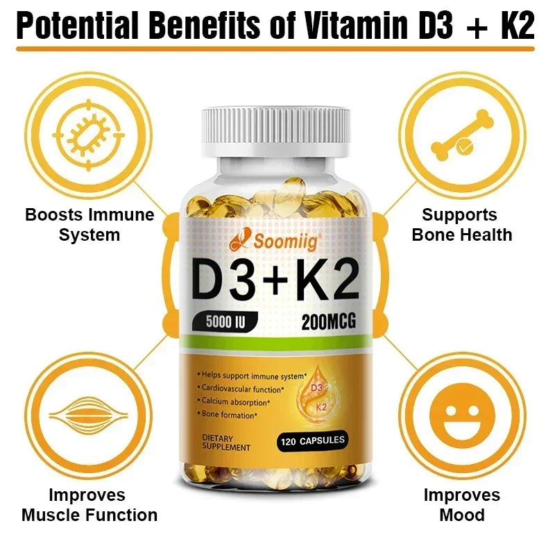 Infographic featuring Vitamin D3 5000IU and 200mcg K2 (MK-7) Capsules with icons highlighting benefits: supports calcium absorption, bone regeneration, immune health, improved muscle function, mood boost, and easy to melt formula.