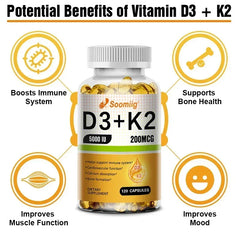 Infographic featuring Vitamin D3 5000IU and 200mcg K2 (MK-7) Capsules with icons highlighting benefits: supports calcium absorption, bone regeneration, immune health, improved muscle function, mood boost, and easy to melt formula.
