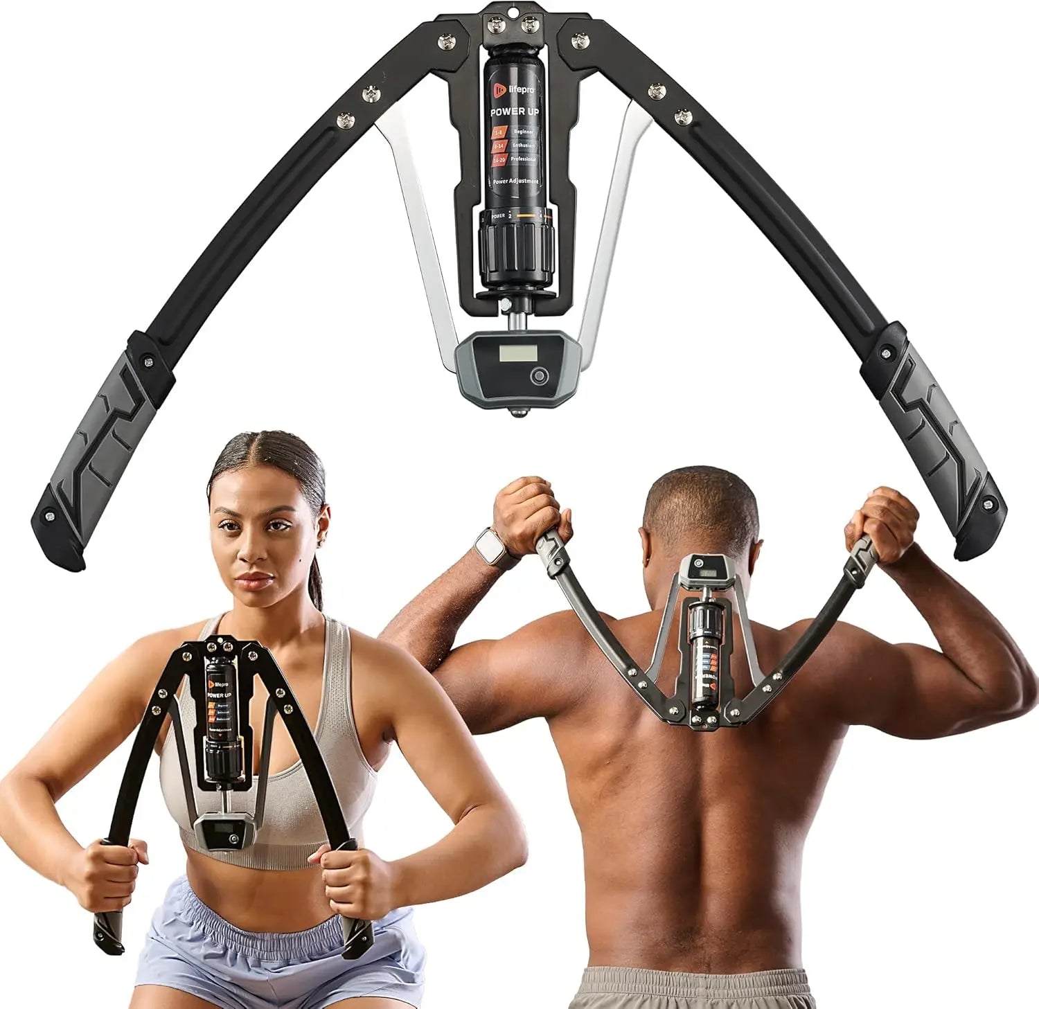 A woman and a man demonstrate different exercises with the Hydraulic Power Chest Expander and Arm Twister Trainer Exerciser—an adjustable workout device (22-440lb resistance, smart counter) shown separately at the top.