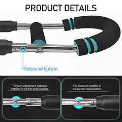 Close-up of the Twister Arm Exerciser, an adjustable spring workout bar (20/30/40/50kg), with black foam grips and blue accents. Insets highlight the rebound button and level adjustment—perfect for forearm, triceps, and chest training.