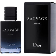 A Dior Sauvage for men Parfum Spray (60ml/100ml/200ml), featuring ethyl alcohol and a sleek black design with white text, stands beside its matching minimalist retail box.