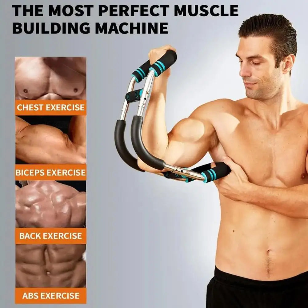 A shirtless man uses the Twister Arm Exerciser (20kg/30kg/40kg/50kg Adjustable Spring Workout Bar), gripping it with both hands. Labeled images show workouts for chest, biceps, back, and abs—ideal for targeted strength training.