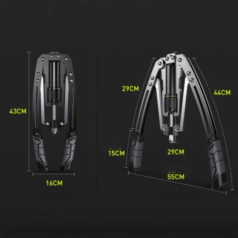 Two black Adjustable Hydraulic Arm Strength Trainer Exercisers are shown against a black backdrop. Folded, each measures 43cm x 16cm; extended, 44cm x 55cm with a 15cm base and 29cm upper arms, ideal for home muscle and grip training.
