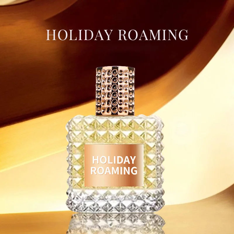 A glass bottle labeled Rivet Series Fresh Perfume features a textured gold cap and geometric design, set against an abstract golden-brown backdrop. It holds a long-lasting, high-quality woody, fruity, floral fragrance with bergamot.