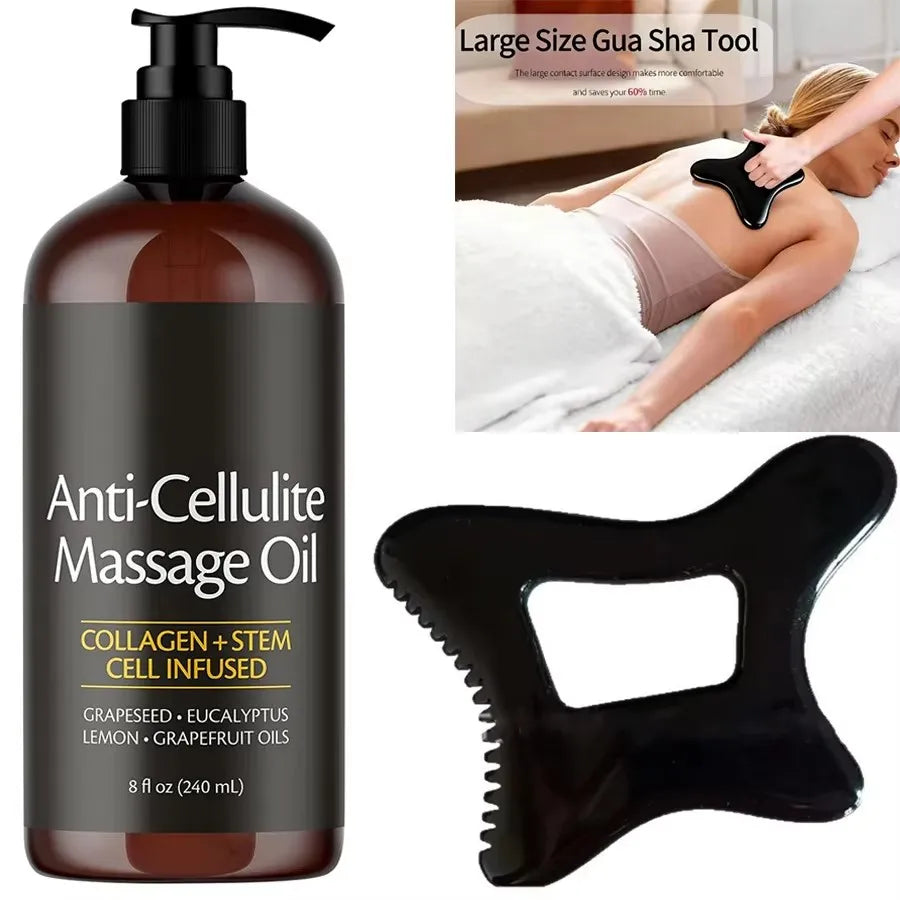 A woman enjoys a gua sha massage on her back using a black gua sha tool and a 240ml Anti Cellulite Massage Oil Infused with Collagen and Stem Cell, which moisturizes, tightens skin, and helps reduce cellulite.