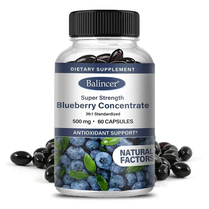 A bottle of Blueberry Capsules - 500mg, 120 capsules, supports brain, heart, eye health, antioxidants, and smooth skin. The label features blueberries and several capsules are shown around the bottle.