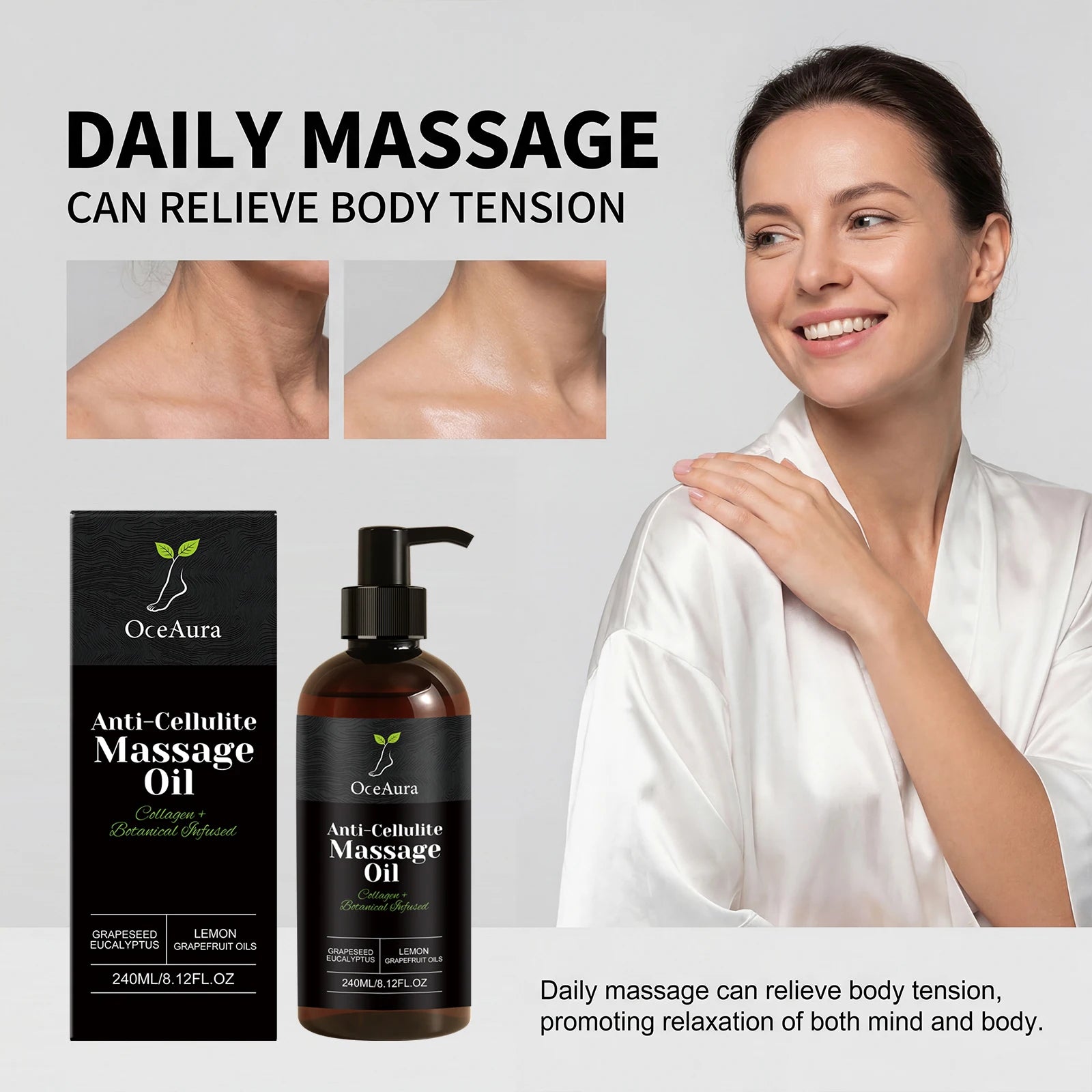 A smiling woman massages Collagen Firming Massage Oil onto her shoulder. A close-up shows the nourishing oil absorbed into skin. The bottle and box appear in front, with text promoting daily use to soothe and tighten for a glowing, smooth look.