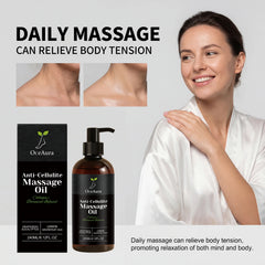 A smiling woman massages Collagen Firming Massage Oil onto her shoulder. A close-up shows the nourishing oil absorbed into skin. The bottle and box appear in front, with text promoting daily use to soothe and tighten for a glowing, smooth look.