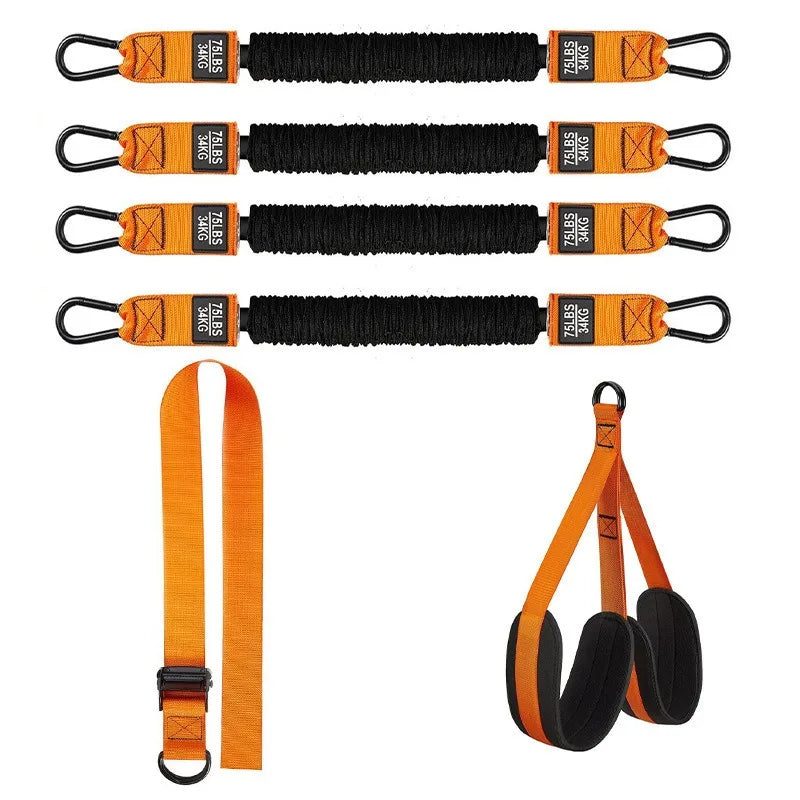 The Pull Up Assistance Bands Set includes five orange and black resistance bands with clips, an orange strap with loop and buckle, and padded orange wrist or ankle straps for strength or pull-up training, all shown on a white background.
