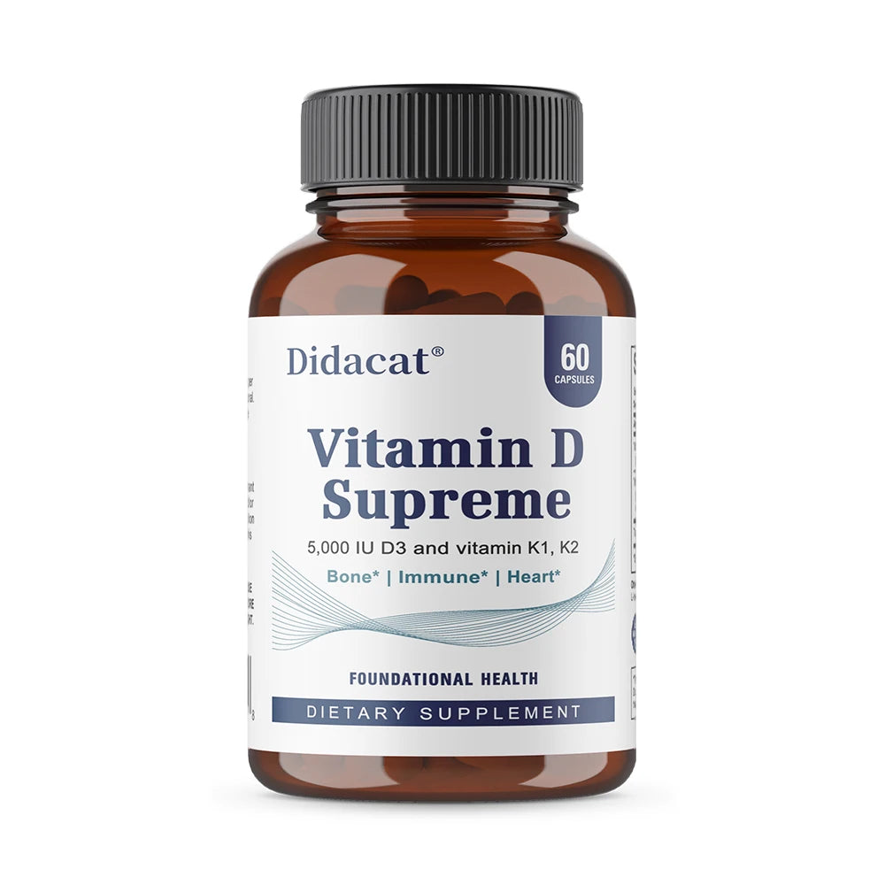 A brown bottle labeled High Potency Vitamin D3 5000 IU with 120 vegetarian capsules supports bones, muscles, and nervous system health—ideal for daily dietary supplementation for all adults.