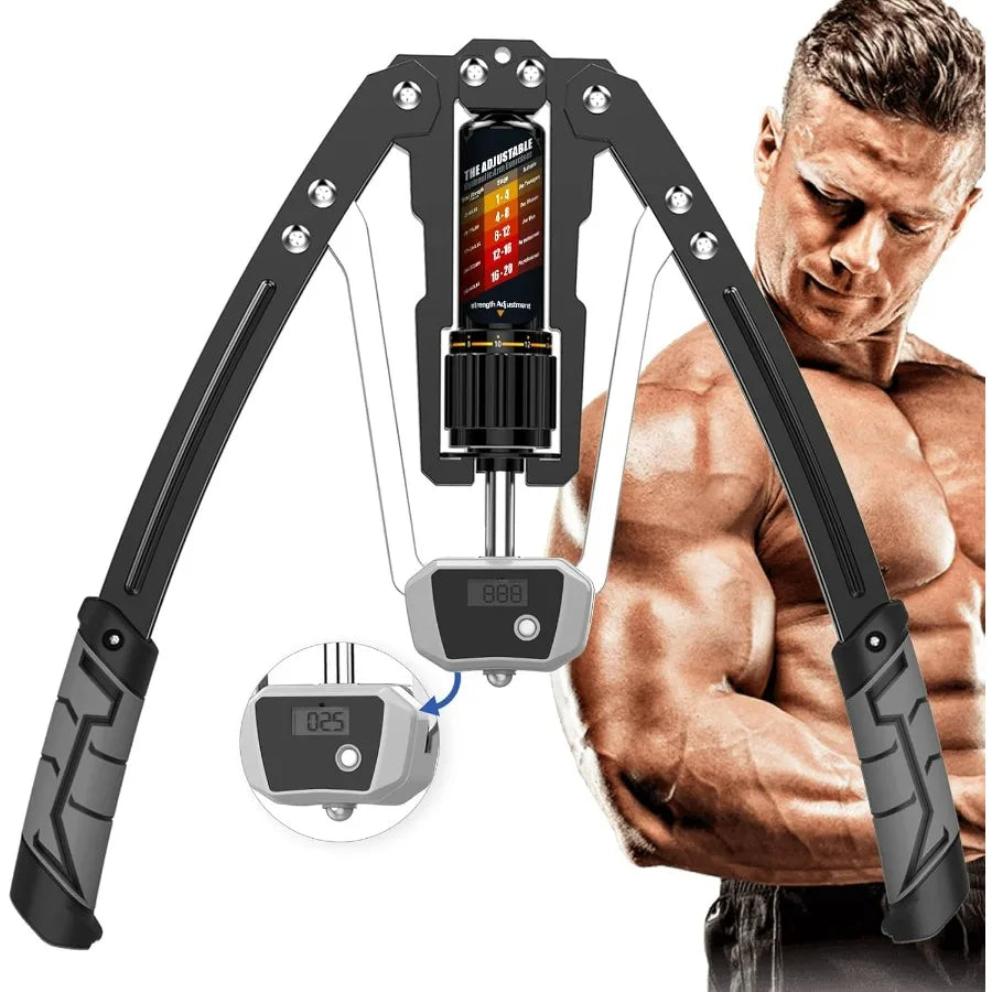 A muscular man looks at the Twister Arm Exerciser—an adjustable 22–440lbs hydraulic power device for home chest expansion, shoulder muscle training, and A Type Gripper upper body workouts.