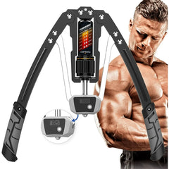 A muscular man looks at the Twister Arm Exerciser—an adjustable 22–440lbs hydraulic power device for home chest expansion, shoulder muscle training, and A Type Gripper upper body workouts.