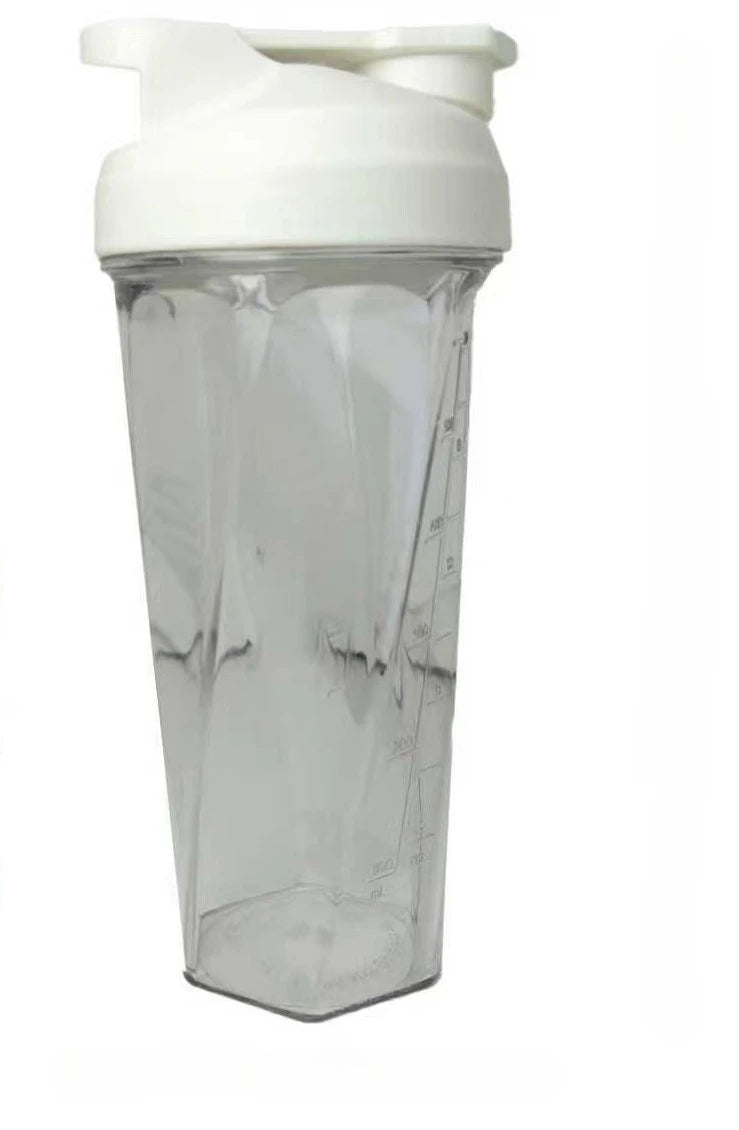 The 600ml Vortex Mixer Shaker Bottle for Protein Shakes features high quality TRITAN material, a white flip-top lid, side measurement markings, and a hexagonal base—an essential gym water bottle shown against a white background.
