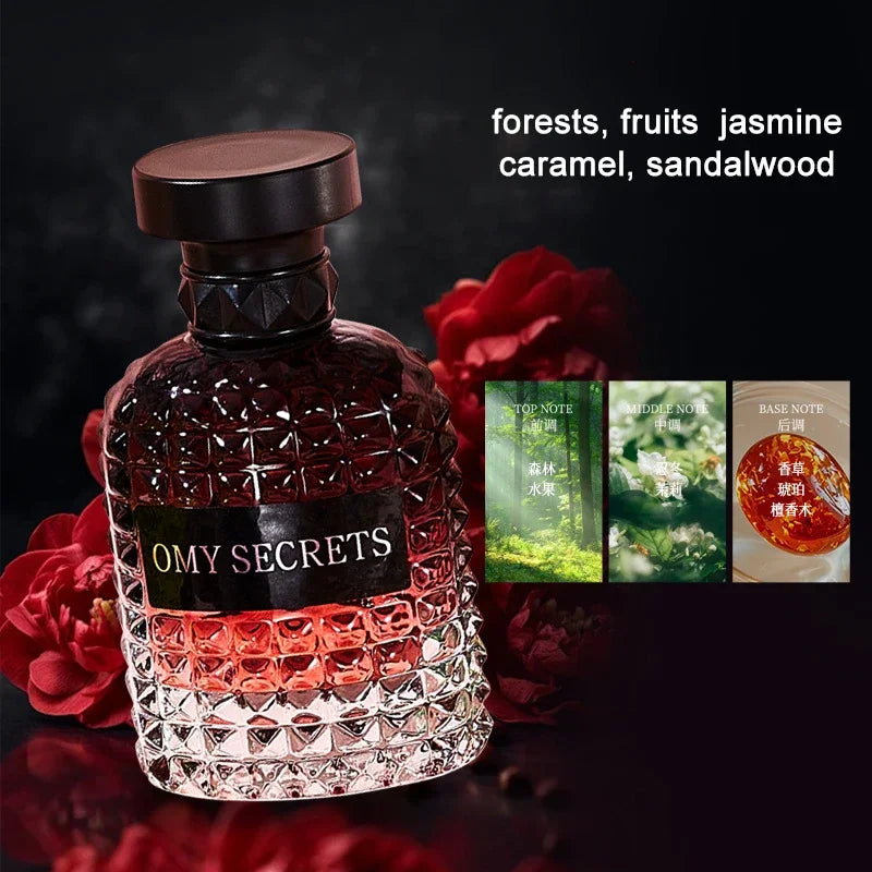 A faceted glass bottle of Rivet Series Fresh Perfume sits beside red flowers. Text above lists its alcohol-free woody, fruity, floral scent notes: bergamot, jasmine, caramel, sandalwood. Three note images appear on the right.