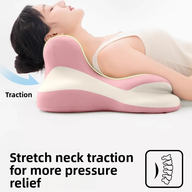 A woman lies on her back using the Bed Lie Down Pillow Multifunctional Prone Position Lie Down Pillow, with text saying "Stretch neck traction for more pressure relief" and an illustration showing spinal alignment.