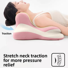 A woman lies on her back using the Bed Lie Down Pillow Multifunctional Prone Position Lie Down Pillow, with text saying "Stretch neck traction for more pressure relief" and an illustration showing spinal alignment.