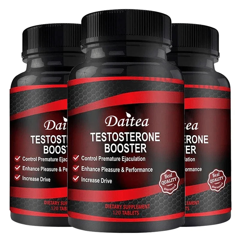 Three black bottles of Muscle Builder Capsules, featuring red and black labels with benefits like muscle mass increase and anabolic activity support. Each unisex capsule contains Ashwagandha Extract; every bottle includes 120 tablets.
