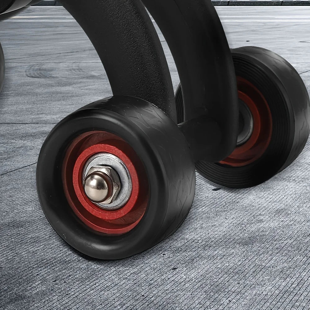Close-up view of two black and red wheels attached to the 1pc Abdominal Exercise Wheel—Four Wheels for Stability—ideal home gym fitness equipment for strengthening core and toning abs on a textured gray surface.