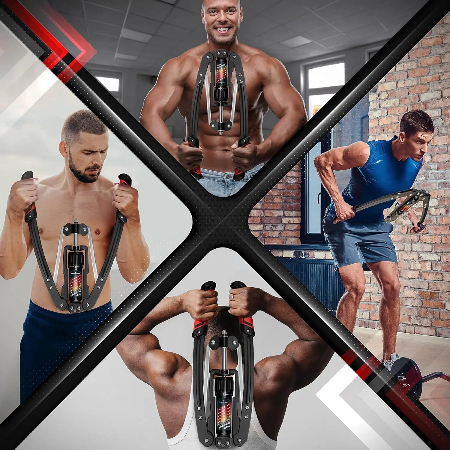 Four men use the Wrist and Forearm Blaster Roller for Training with standard and Olympic plates, performing various strength exercises in a split-frame gym setting, each shown from dynamic indoor angles.
