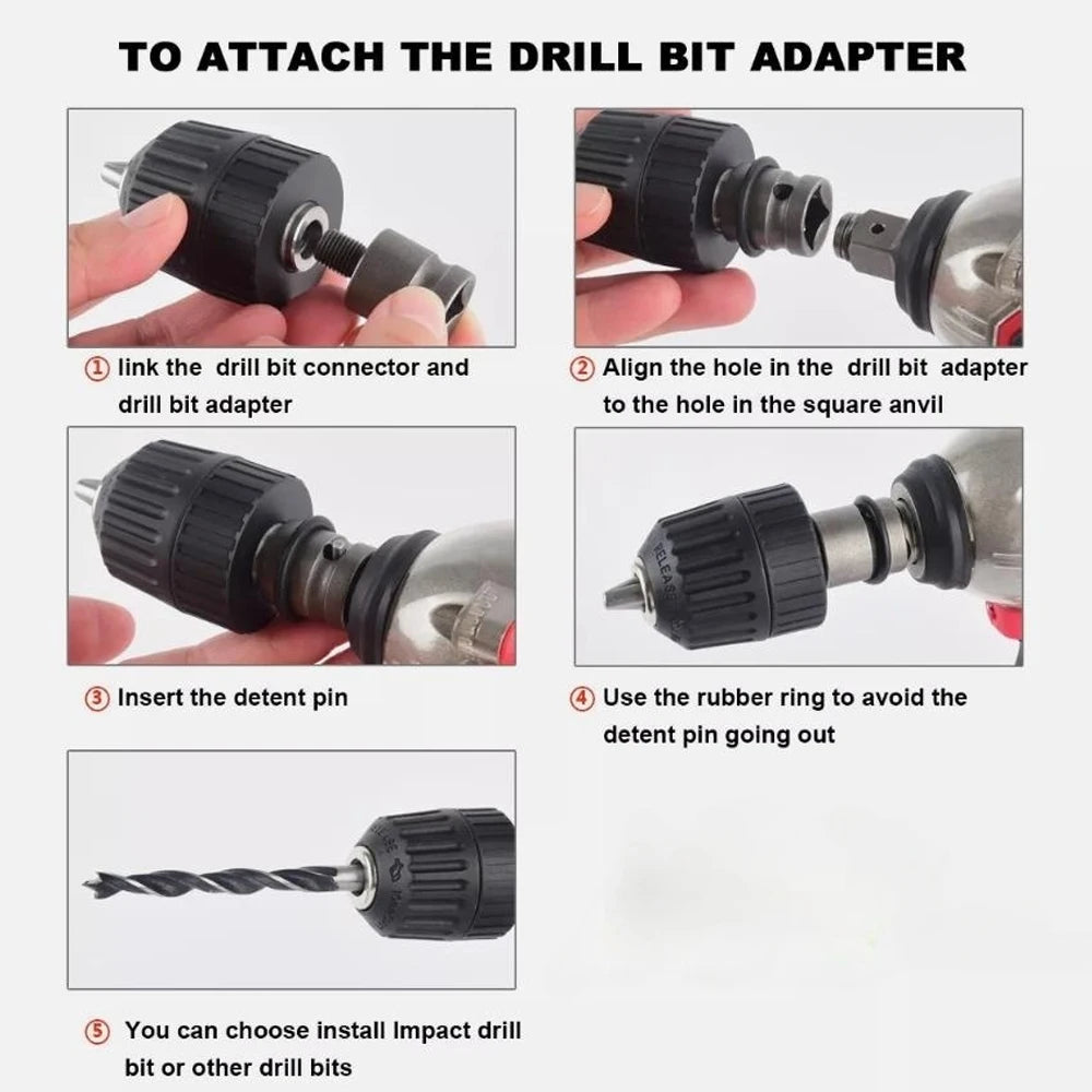 Step-by-step images show how to attach a drill bit adapter to your Brushless Impac Wrench 500N.m Electric Driver 1/2" for Milwaukee 18V Battery: align the adapter, insert the detent pin, secure with rubber ring, and add the drill bit.