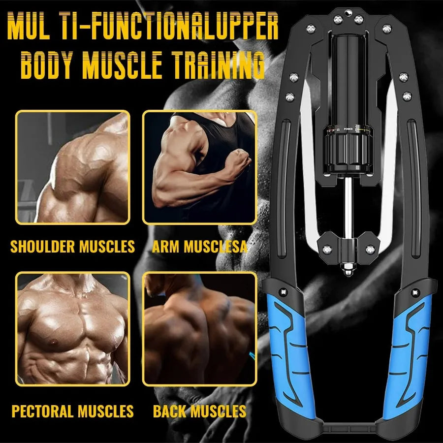Promotional image for the Twister Arm Exerciser—adjustable 22-440lbs hydraulic power—for upper body muscle training; labeled photos show targeted shoulders, arms, chest (pectorals), and back. Ideal for grip and strength training; device shown on right.