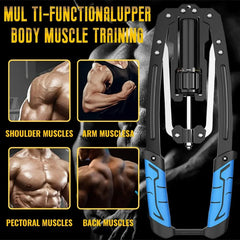 Promotional image for the Twister Arm Exerciser—adjustable 22-440lbs hydraulic power—for upper body muscle training; labeled photos show targeted shoulders, arms, chest (pectorals), and back. Ideal for grip and strength training; device shown on right.