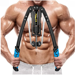 A shirtless muscular person demonstrates strength training by gripping the handles of the Adjustable Hydraulic Arm Strength Trainer, flexing their chest and arms for a powerful workout.