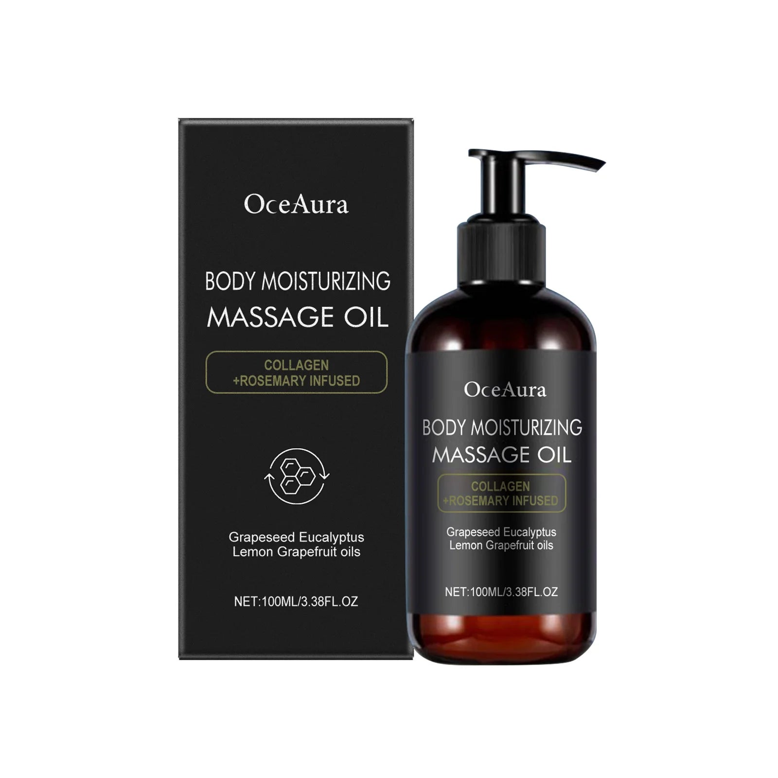 A 100ml pump bottle and box of Body Moisturizing Massage Oil Nourishing Smoothing Tightening Soothing Glowing Brightening Reduce Wrinkles Soft Body Massage Oil with collagen, rosemary, grapeseed, eucalyptus, lemon, and grapefruit oils for smooth skin.