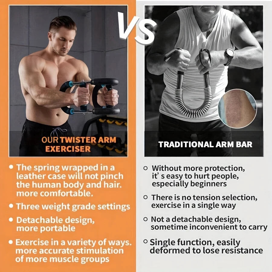 Comparison image showing a man using the Adjustable Resistance Stainless Steel Chest And Arm Trainer with features listed, versus another man using a traditional arm bar on the right, highlighting its drawbacks in bullet points.