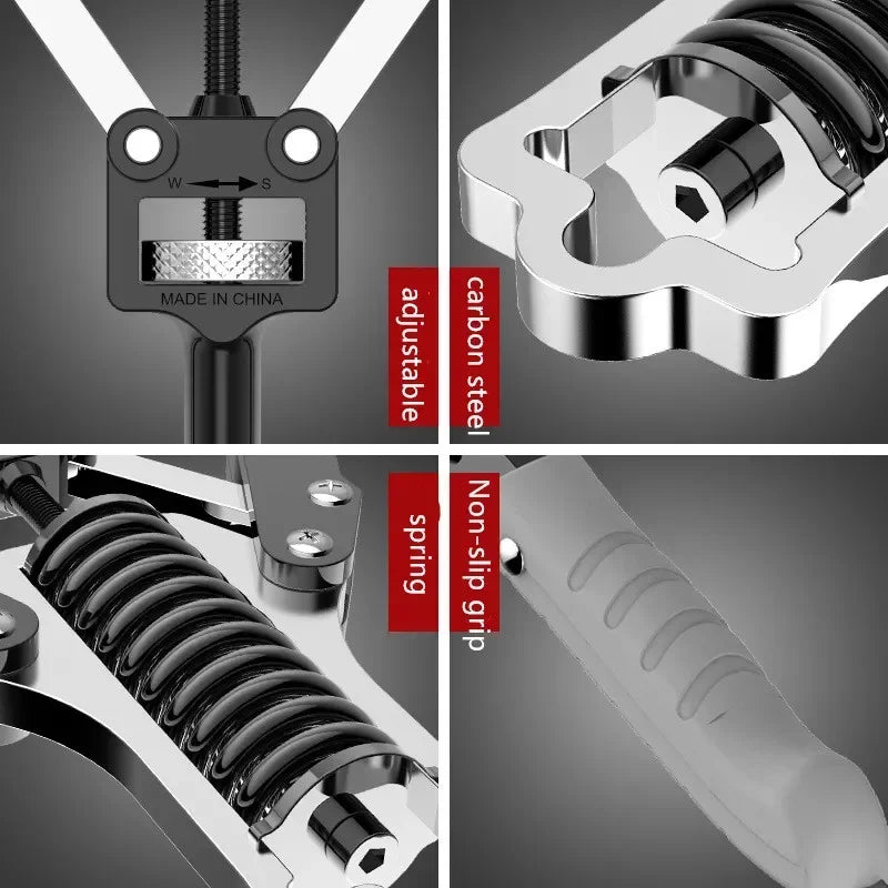 Close-up collage of the Hydraulic Arm Strength Trainer Adjustable Multi-Function showing its adjustable knob, carbon steel spring arm, non-slip grip handle, and metal parts—each labeled—ideal for chest and arm muscle strength workouts.