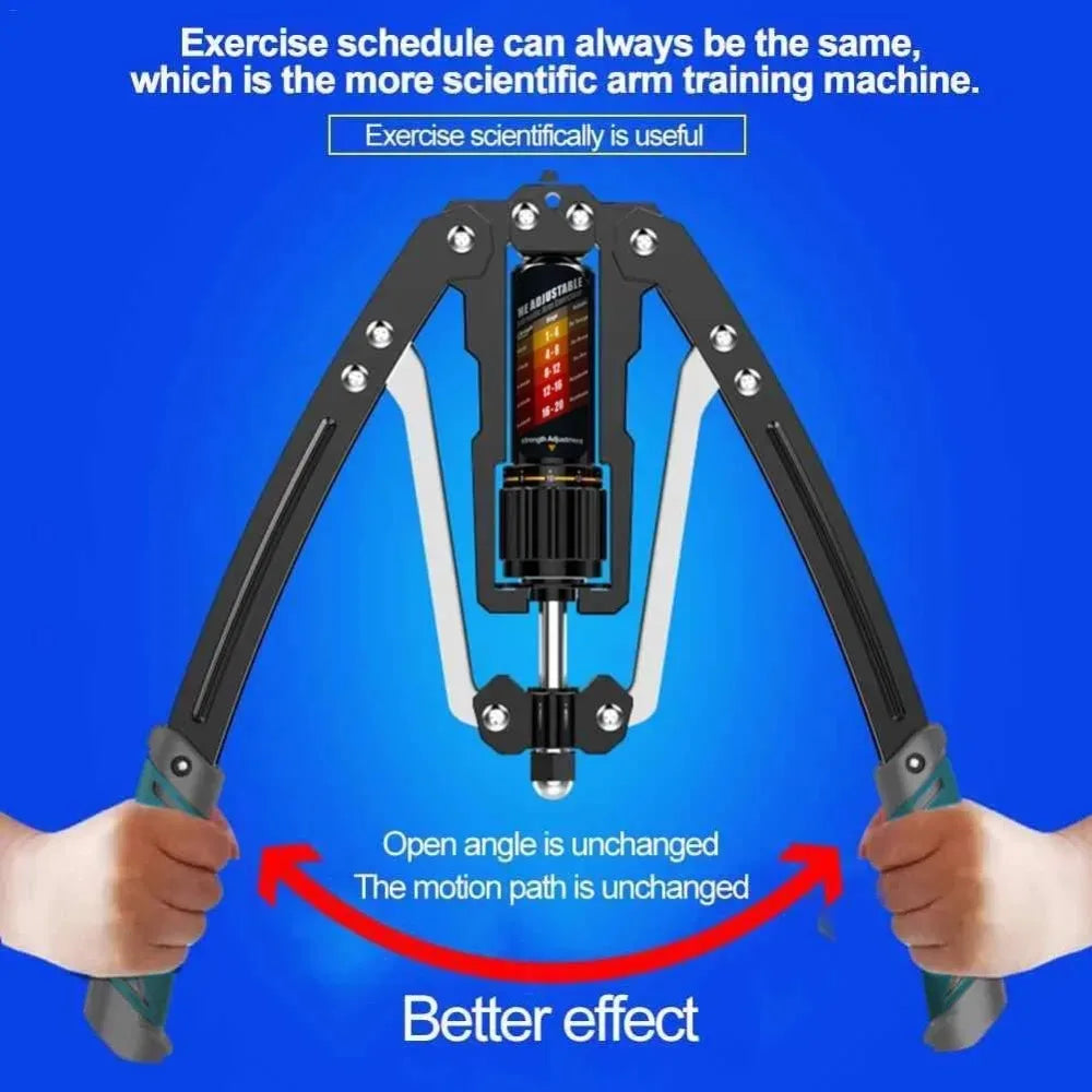 A graphic shows the Red Adjustable 22-440lbs Twister Arm Exerciser with handles, hydraulic power, and a consistent motion path. US-designed for chemical-free shoulder and chest training. Blue background features red and blue arrows.