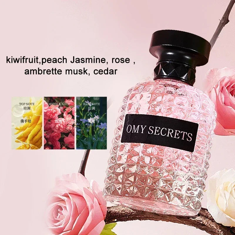 A textured glass Miss Adventure Donna Perfume sits among pink roses. Its floral-fruity scent blends kiwifruit, peach, rose, jasmine, ambrette musk, and cedar. Three small scent note cards are arranged to the left.