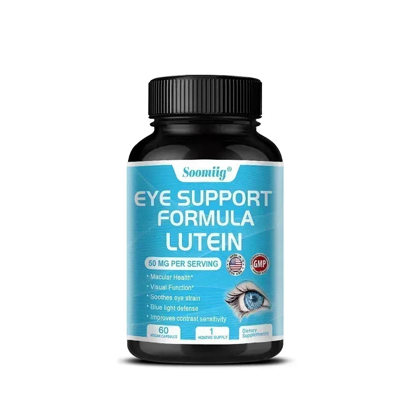 A black bottle labeled Lutein Capsules—contain Zeaxanthin to maintain healthy vision, improve eye edema, promote visual function, and protect the retina—an ideal choice for comprehensive eye health support.